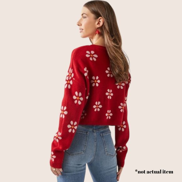🌼 XL JOSELYN CREW NECK PULLOVER DAISY FLORAL SLIGHT CROP SWEATER Y2K STYLE RED - Picture 4 of 9